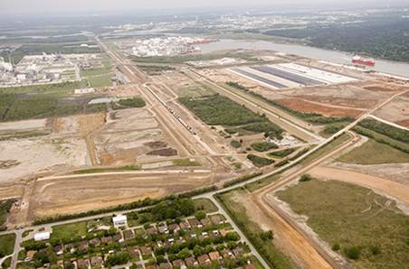 Aerial of Port Road excavation and structural fill at Bayport Terminal Complex by Great Bear Construction